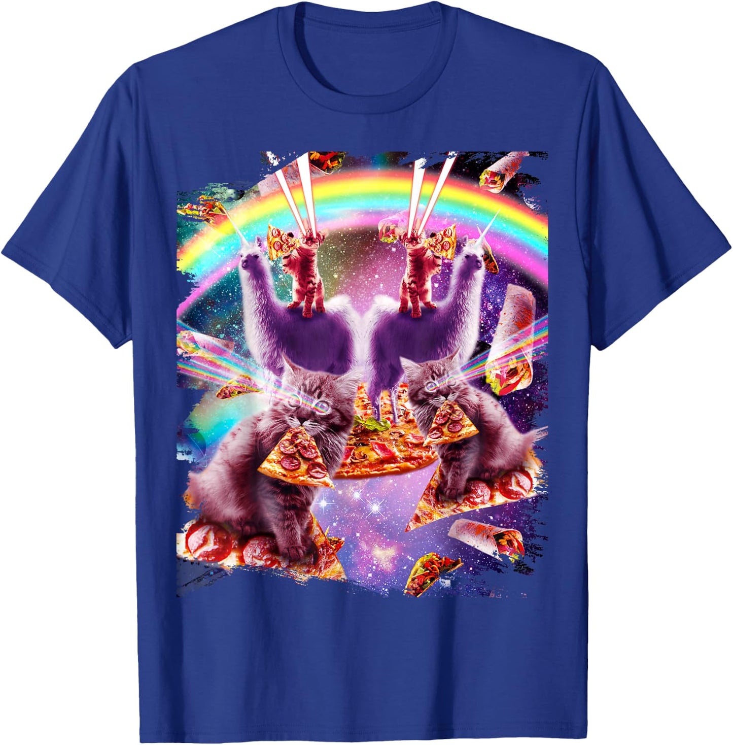 Laser Pizza Cat On Llama, Lazer Kitty Cats In Rainbow Space T-Shirt - T-Shirt | Royal