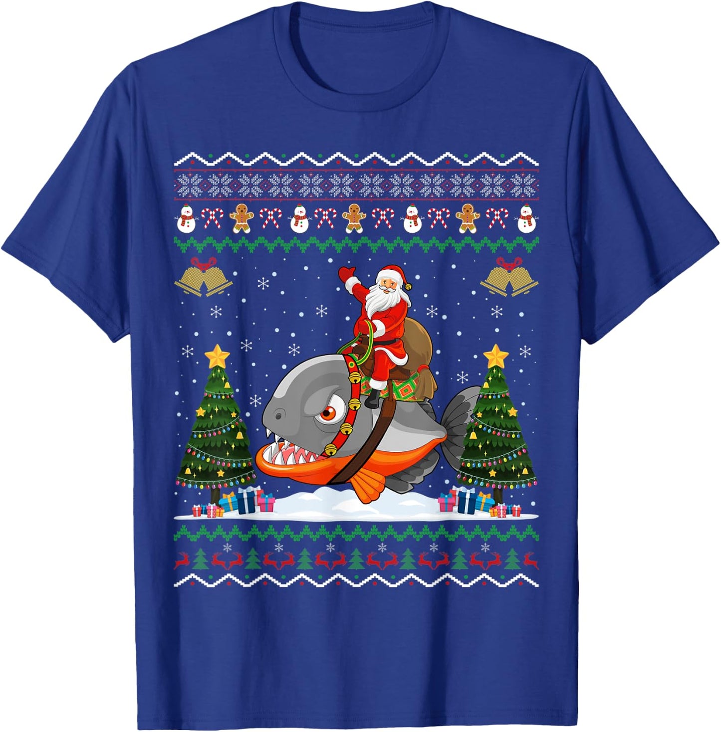 Piranha Ugly Xmas Gift Santa Riding Piranha Christmas T-Shirt - T-Shirt | Royal