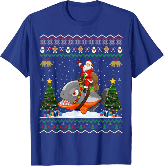 Piranha Ugly Xmas Gift Santa Riding Piranha Christmas T-Shirt - T-Shirt | Royal