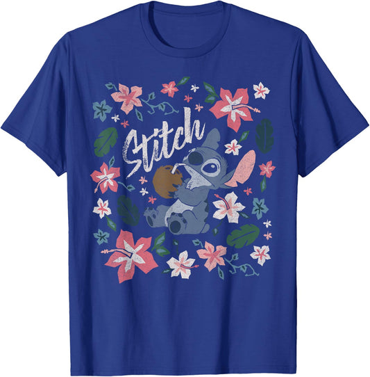 Disney Lilo & Stitch Floral Stitch Coconut Portrait Short Sleeve T-Shirt - T-Shirt | Royal