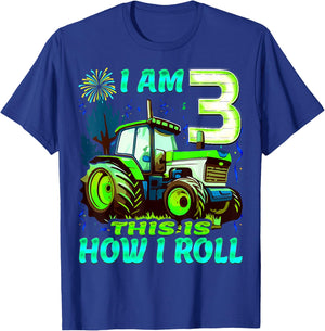 I Am 3 This is How I Roll Two Years Old Tractor 3rd Birthday T-Shirt - T-Shirt | Royal