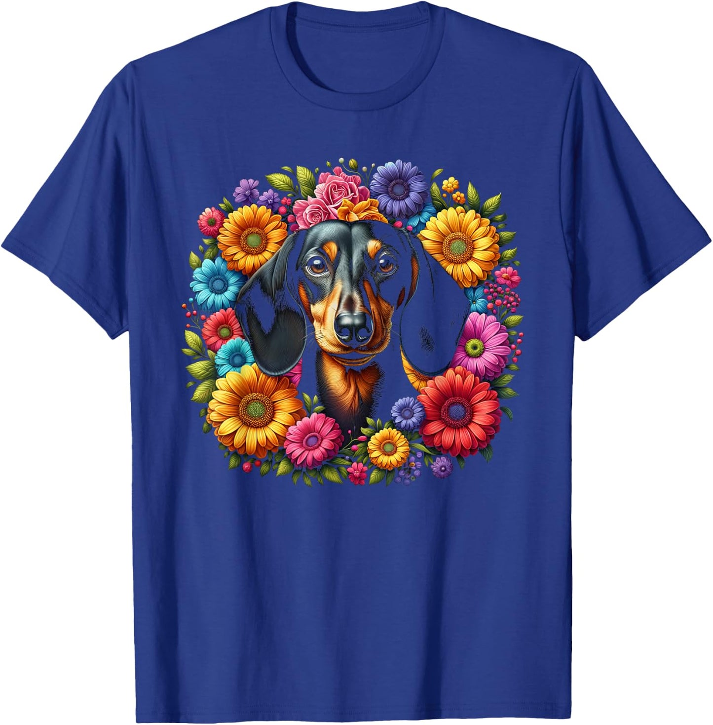 Cute Dachshund with Colourful Flowers T-Shirt - T-Shirt | Royal