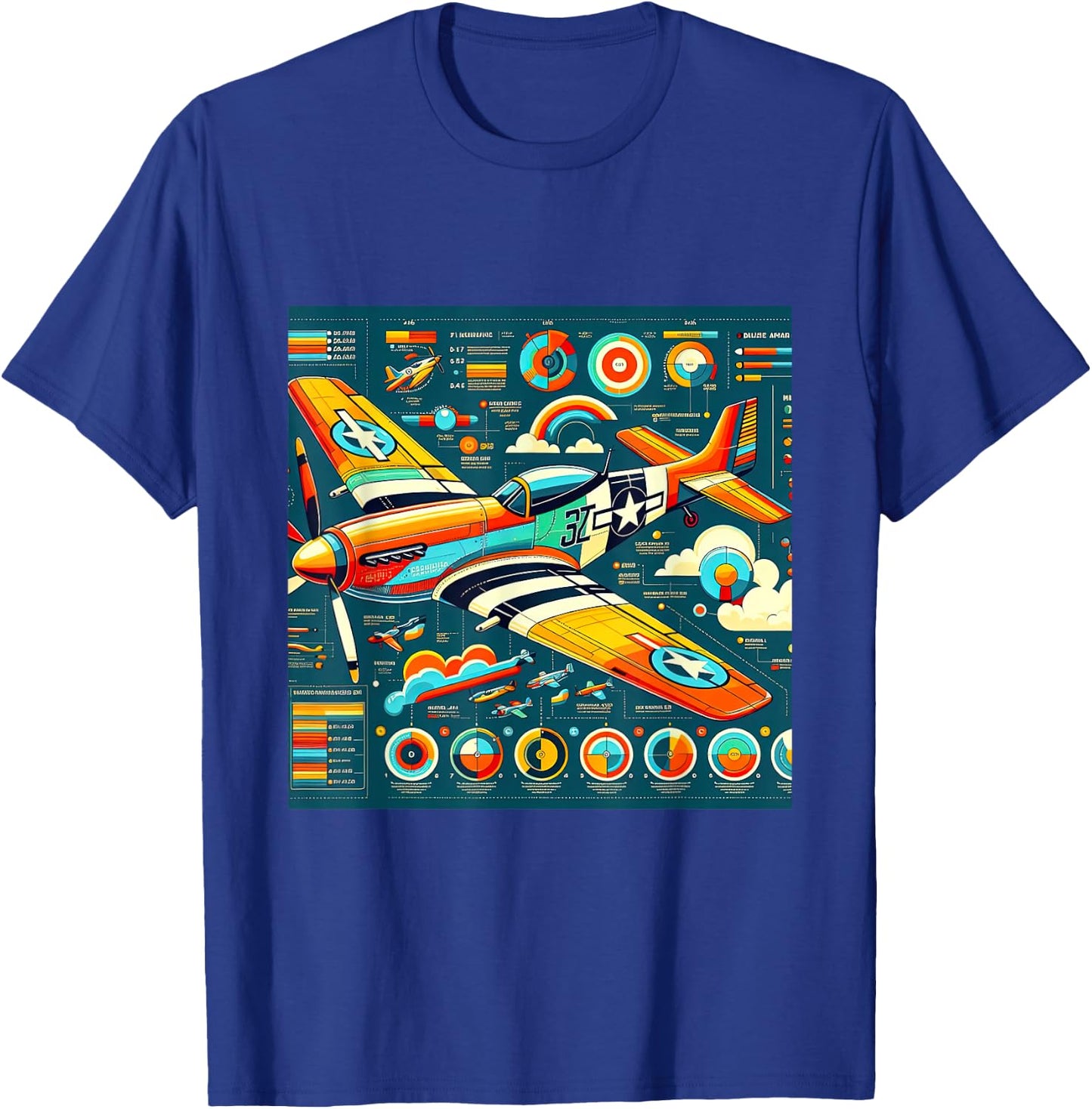 P51 Mustang WW2 Warplane Airplane Infographics T-Shirt - T-Shirt | Royal