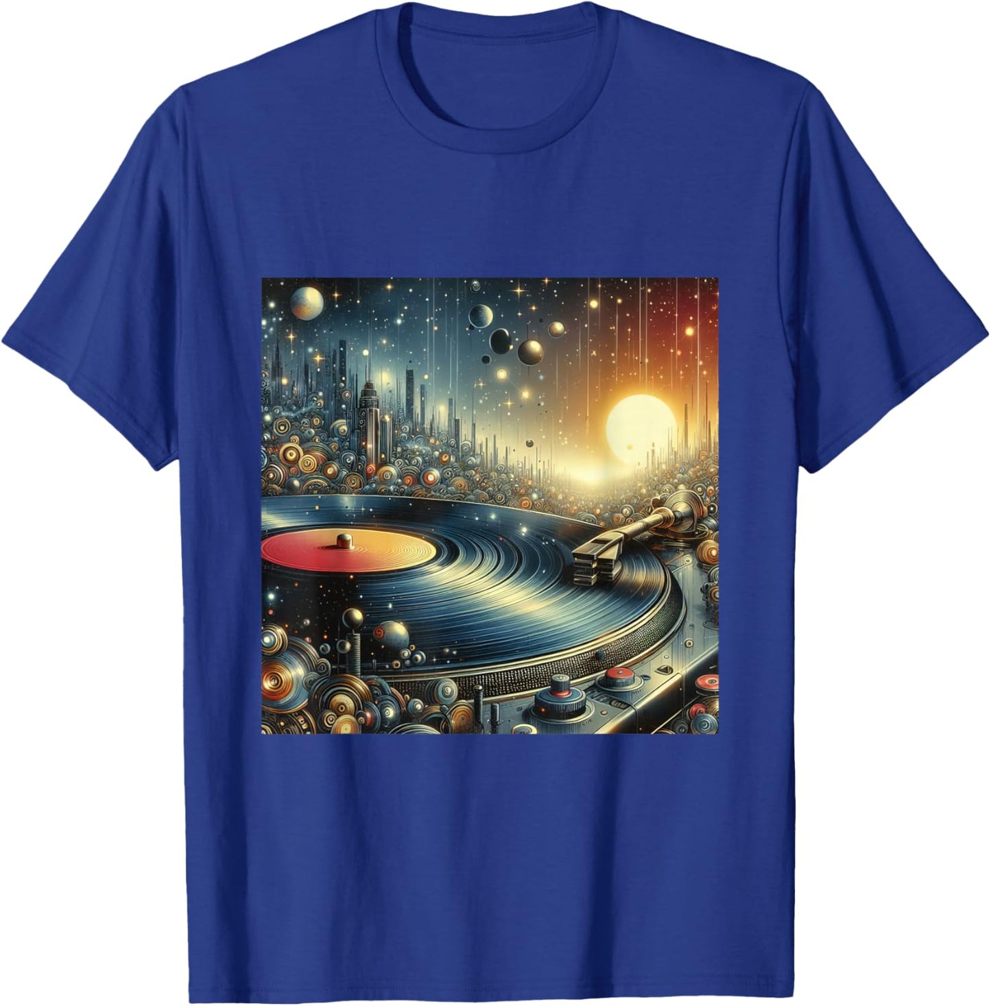 Futuristic Space City Vinyl Record Player Sci-Fi Cityscape T-Shirt - T-Shirt | Royal