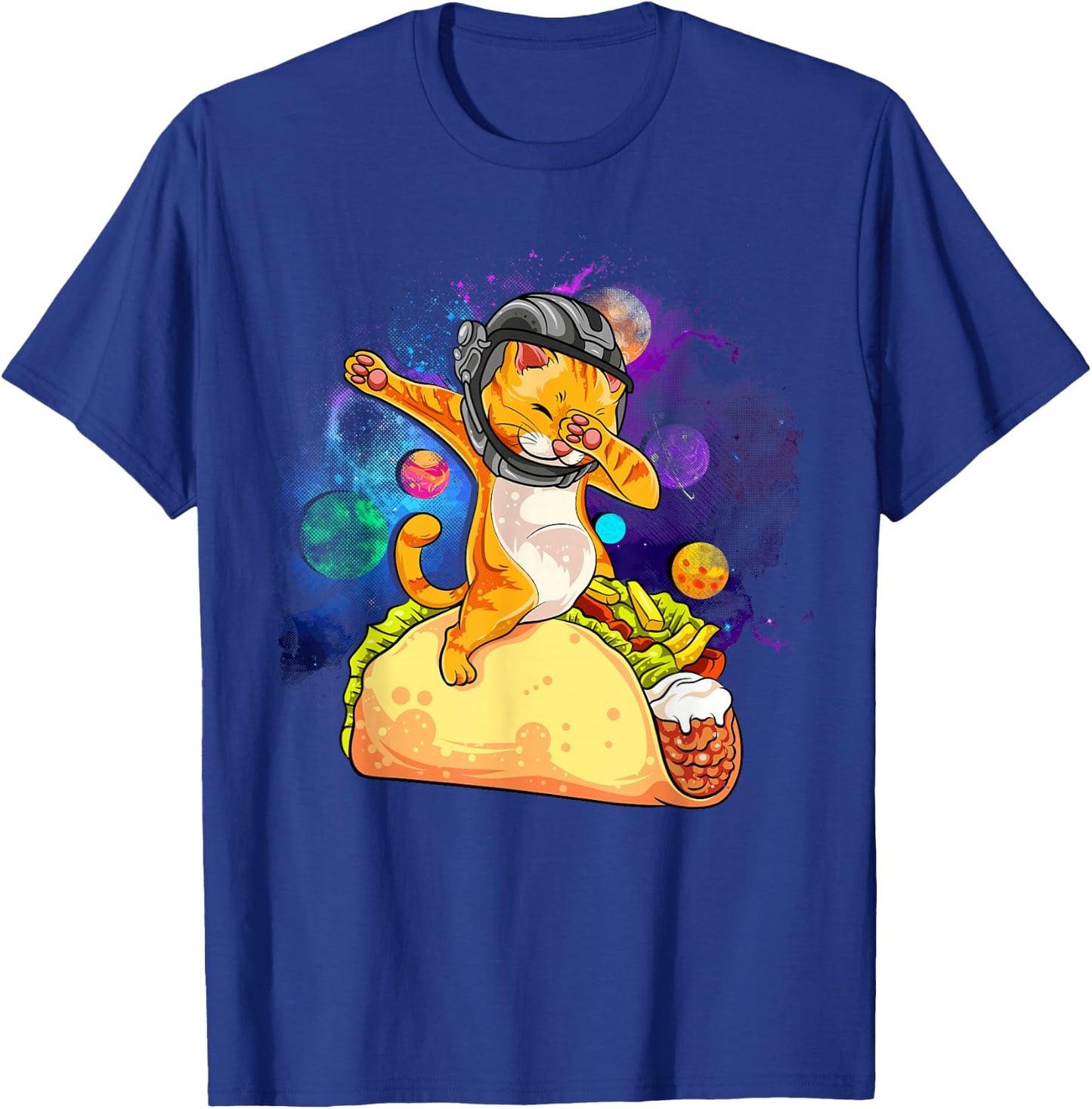 Funny Dabbing Cat Astronaut In Space Riding Taco T-Shirt - T-Shirt | Royal