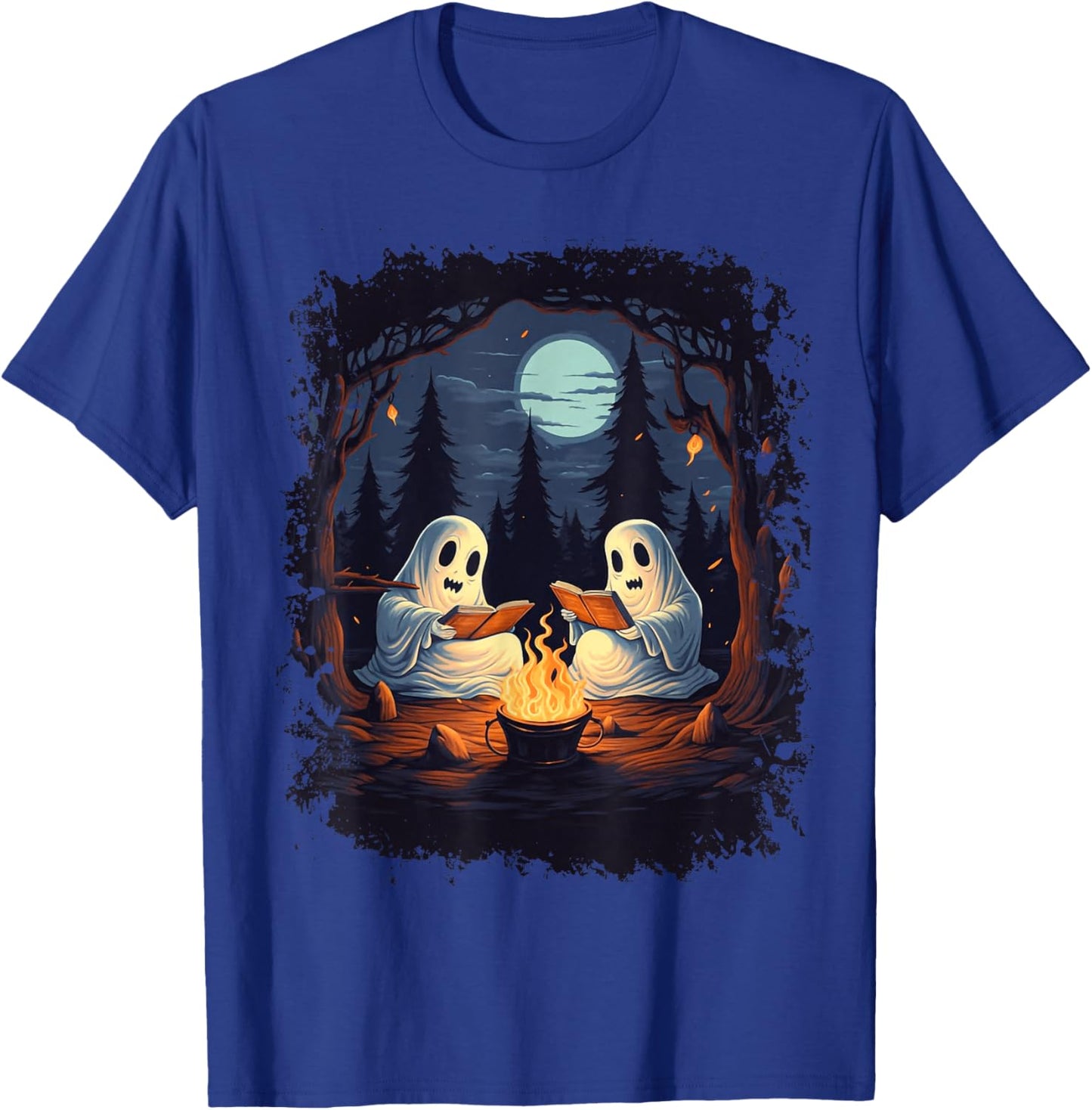 Retro Ghost Reading Books Camping Campfire Gothic Halloween T-Shirt - T-Shirt | Royal