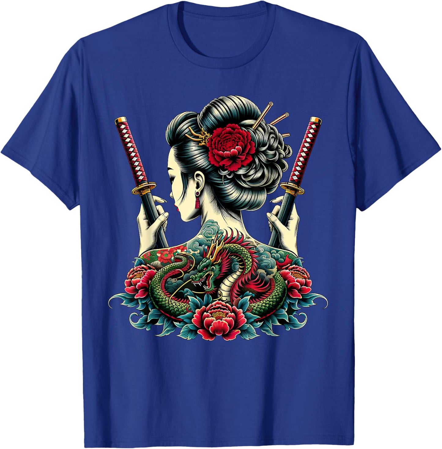 Geisha Warrior, Katana Sword with Peony flower Dragon Tattoo T-Shirt - T-Shirt | Royal