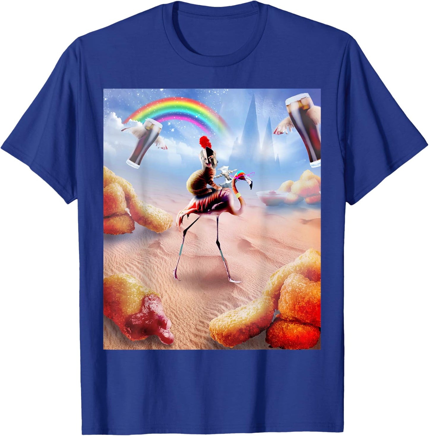 Cat Riding Flamingo With Chicken Nuggets And Cola T-Shirt - T-Shirt | Royal