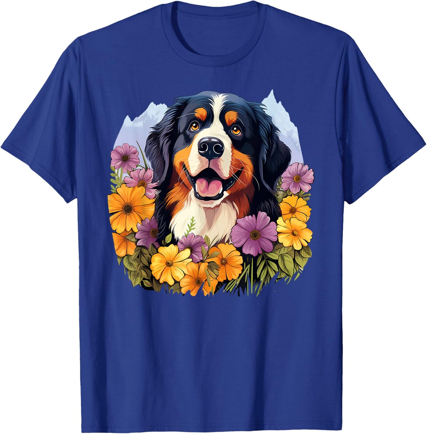Cute Bernese Mountain Dog in Spring Flower Garden Puppy Men Women Girls Kids T-Shirt - T-Shirt | Royal