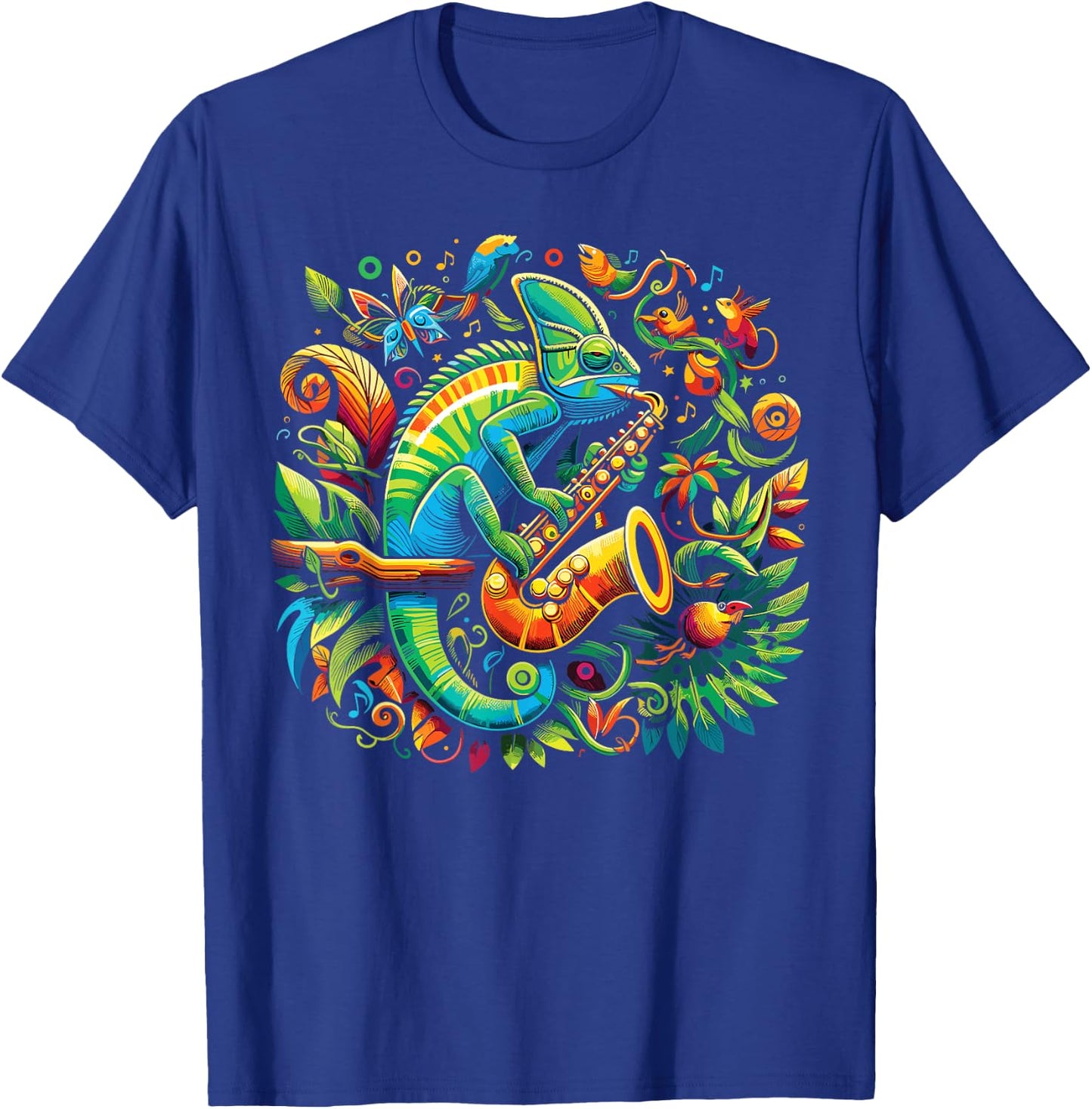 Colorful Chameleon Playing Saxophone | Sax Music Art T-Shirt - T-Shirt | Royal