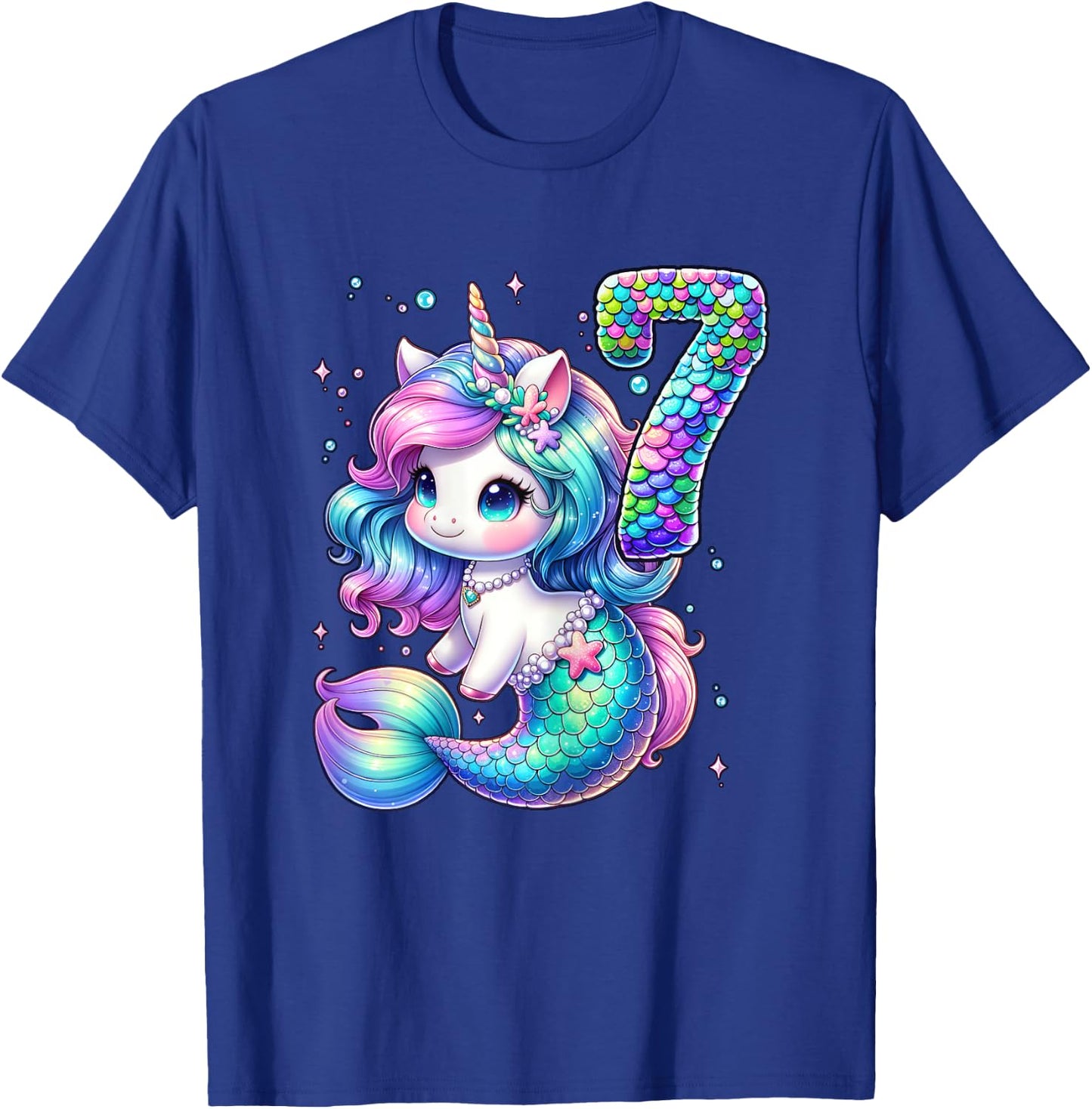 Unicorn Mermaid 7th Birthday 7 Year Old Party Girls Outfit T-Shirt - T-Shirt | Royal