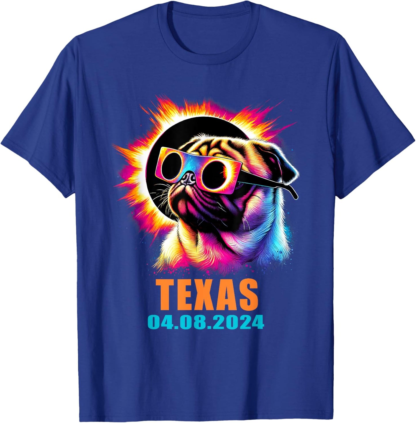 Texas Total Solar Eclipse 2024 Pug Dog With Glasses Women Kids T-Shirt - T-Shirt | Royal