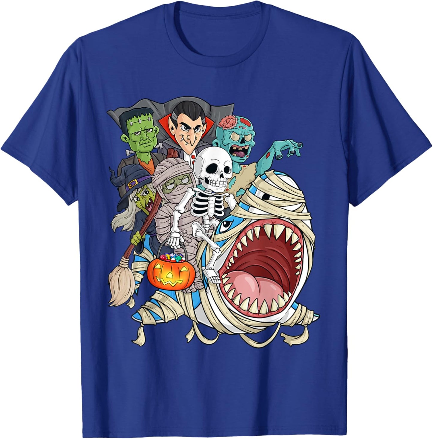 Skeleton Zombie Riding Mummy Shark Vampire Halloween Pumpkin T-Shirt - T-Shirt | Royal