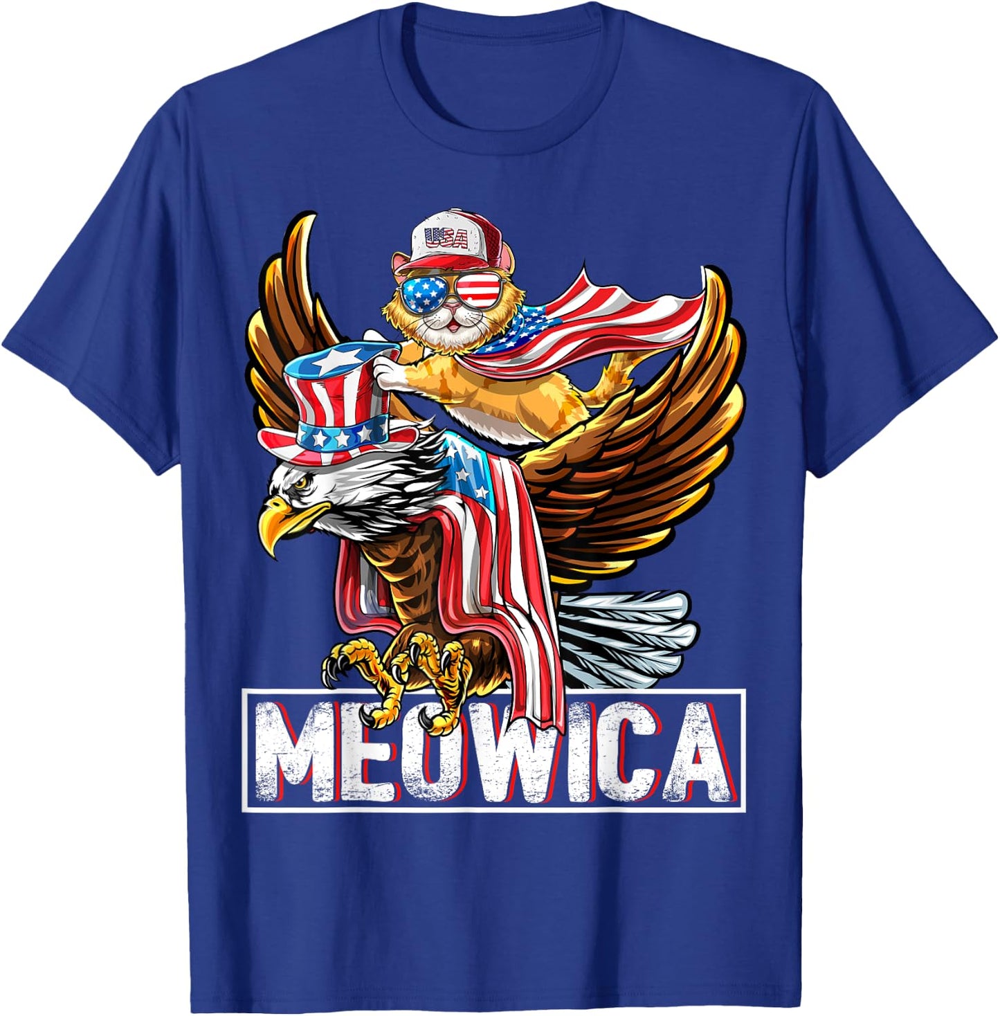Meowica Cat Bald Eagle 4th of July Patriotic American Flag Women Kids Men T-Shirt - T-Shirt | Royal