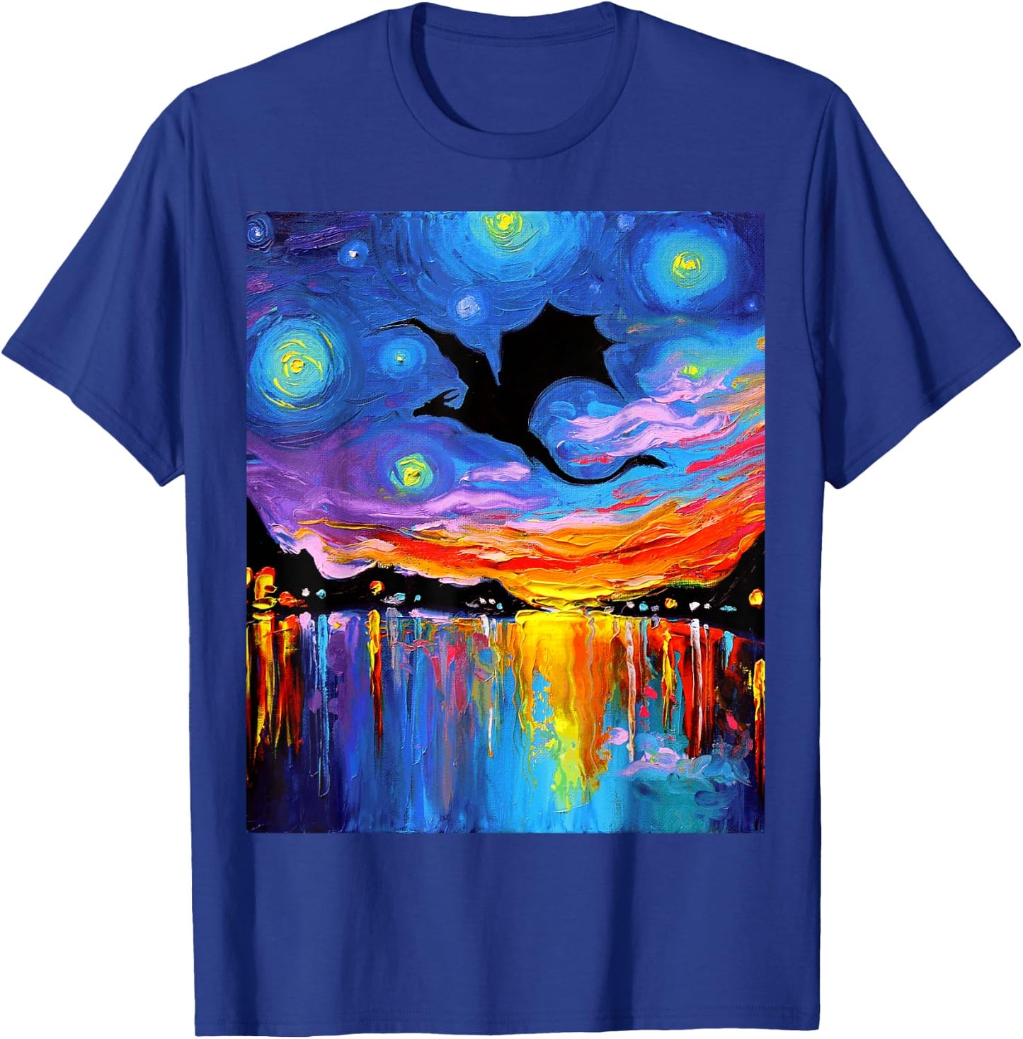 Flying Dragon Silhouette Sunset Starry Night Fantasy Art T-Shirt - T-Shirt | Royal