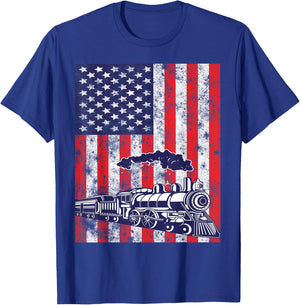 Train Locomotive Engine USA American Flag 4th of July T-Shirt - T-Shirt | Royal