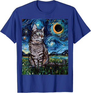 Gray Tabby Tiger Cat Starry Night Moon and Stars Art by Aja T-Shirt - T-Shirt | Royal