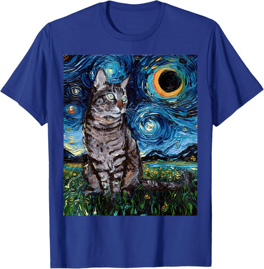 Gray Tabby Tiger Cat Starry Night Moon and Stars Art by Aja T-Shirt - T-Shirt | Royal