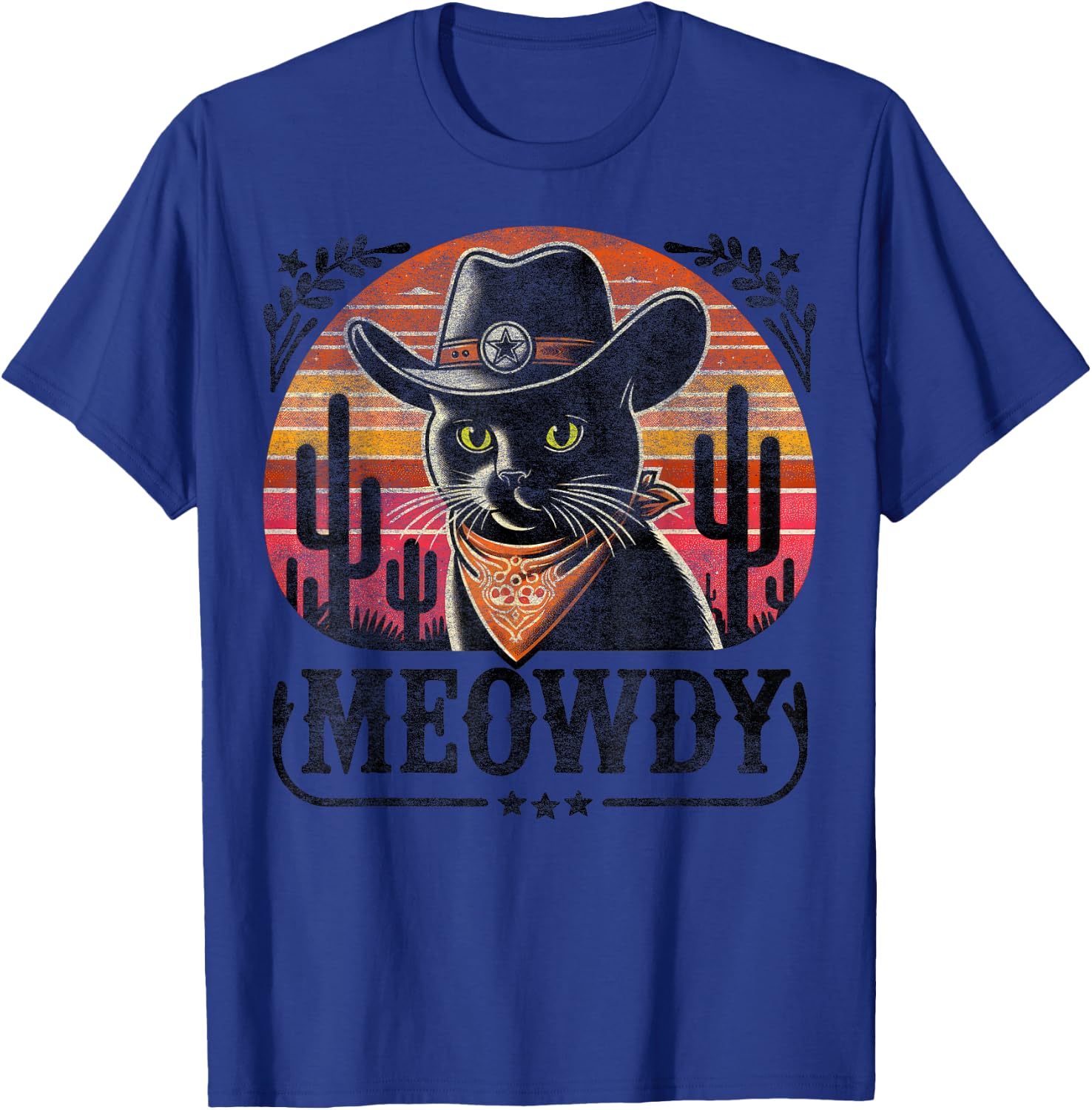 Meowdy Black Cat Retro Sunset – Howdy Funny Country Western T-Shirt - T-Shirt | Royal