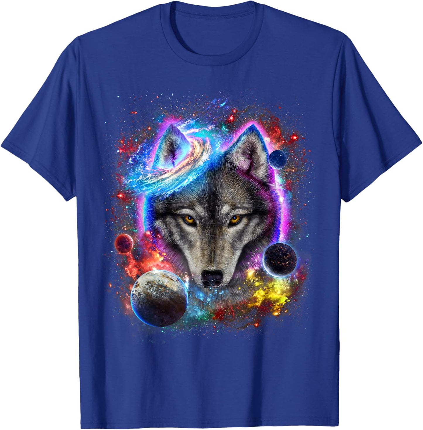 Cosmic Wolf Surrounded by Planet and Stars in Galactic Scene T-Shirt - T-Shirt | Royal