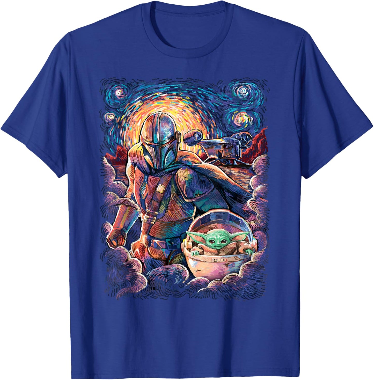 Star Wars The Mandalorian & The Child Starry Night Style T-Shirt - T-Shirt | Royal