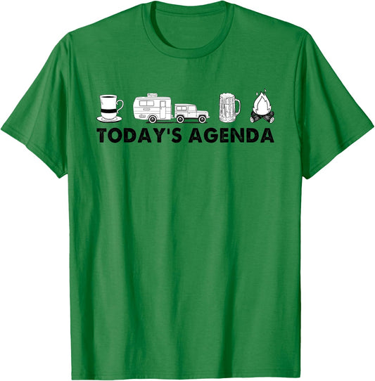 Todays Agenda Camping Camper Rv Coffee Beer And Campfire T-Shirt - T-Shirt | Irish Green