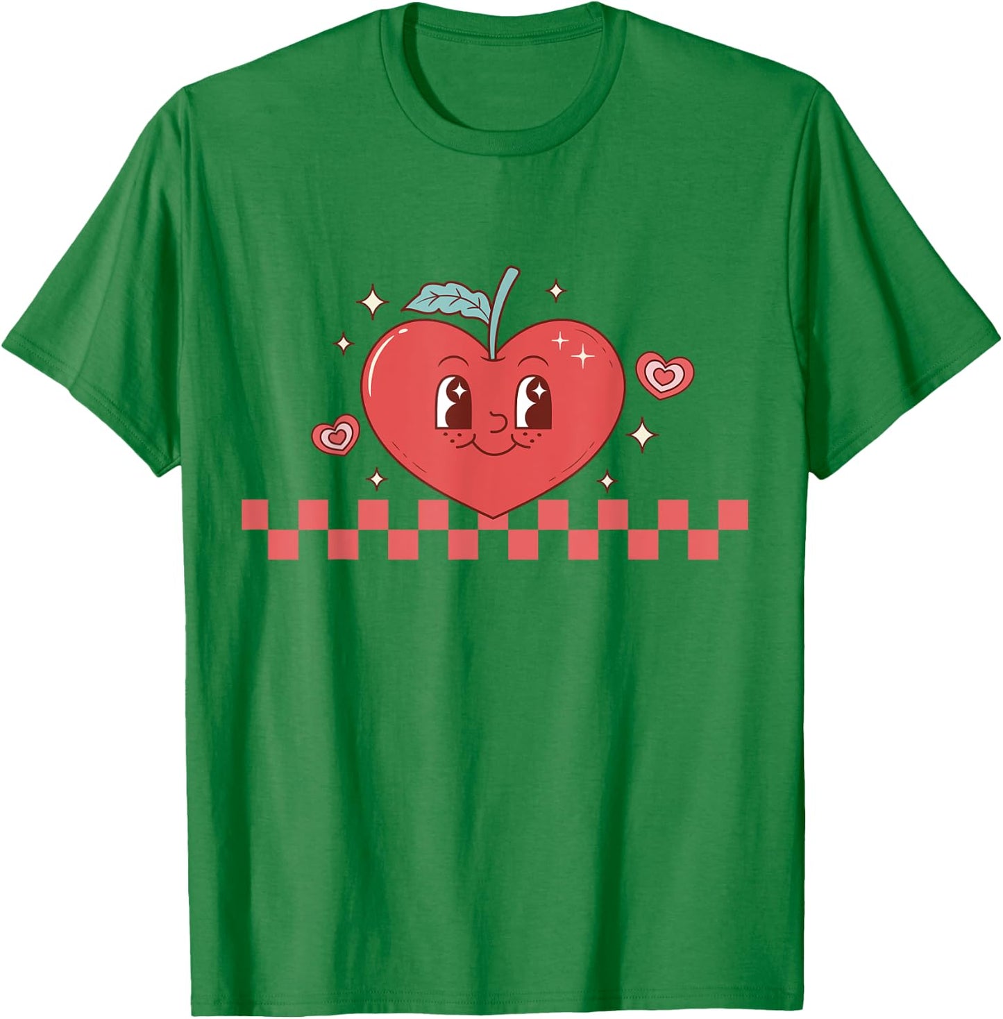 Cute Retro Checkered Apple with Face Teacher Heart Trendy Women Kids T-Shirt - T-Shirt | Irish Green