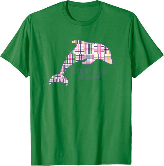 Kids Hilton Head Island South Carolina Preppy Plaid Dolphin T-Shirt - T-Shirt | Irish Green