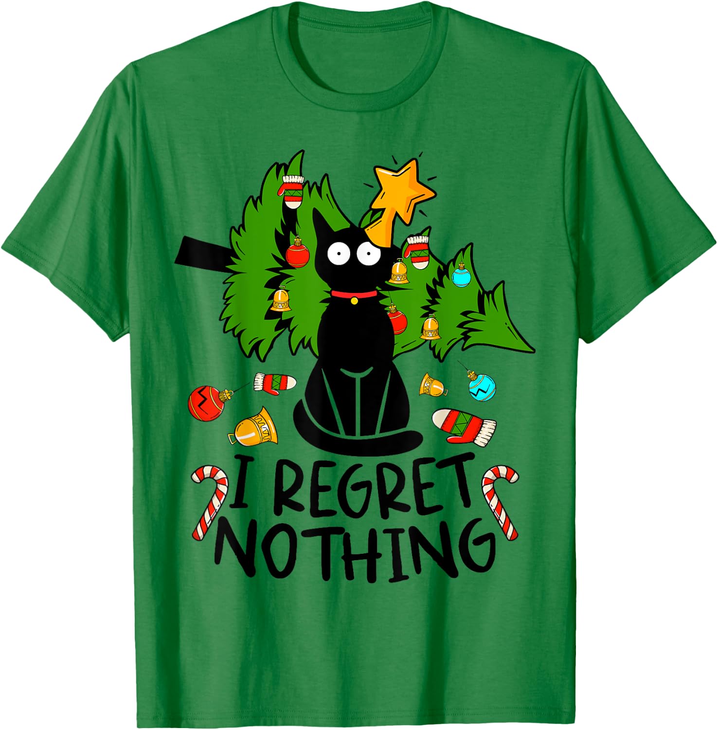 I Regret Nothing, Cat Christmas Tree Funny Black Cat Graphic T-Shirt - T-Shirt | Irish Green