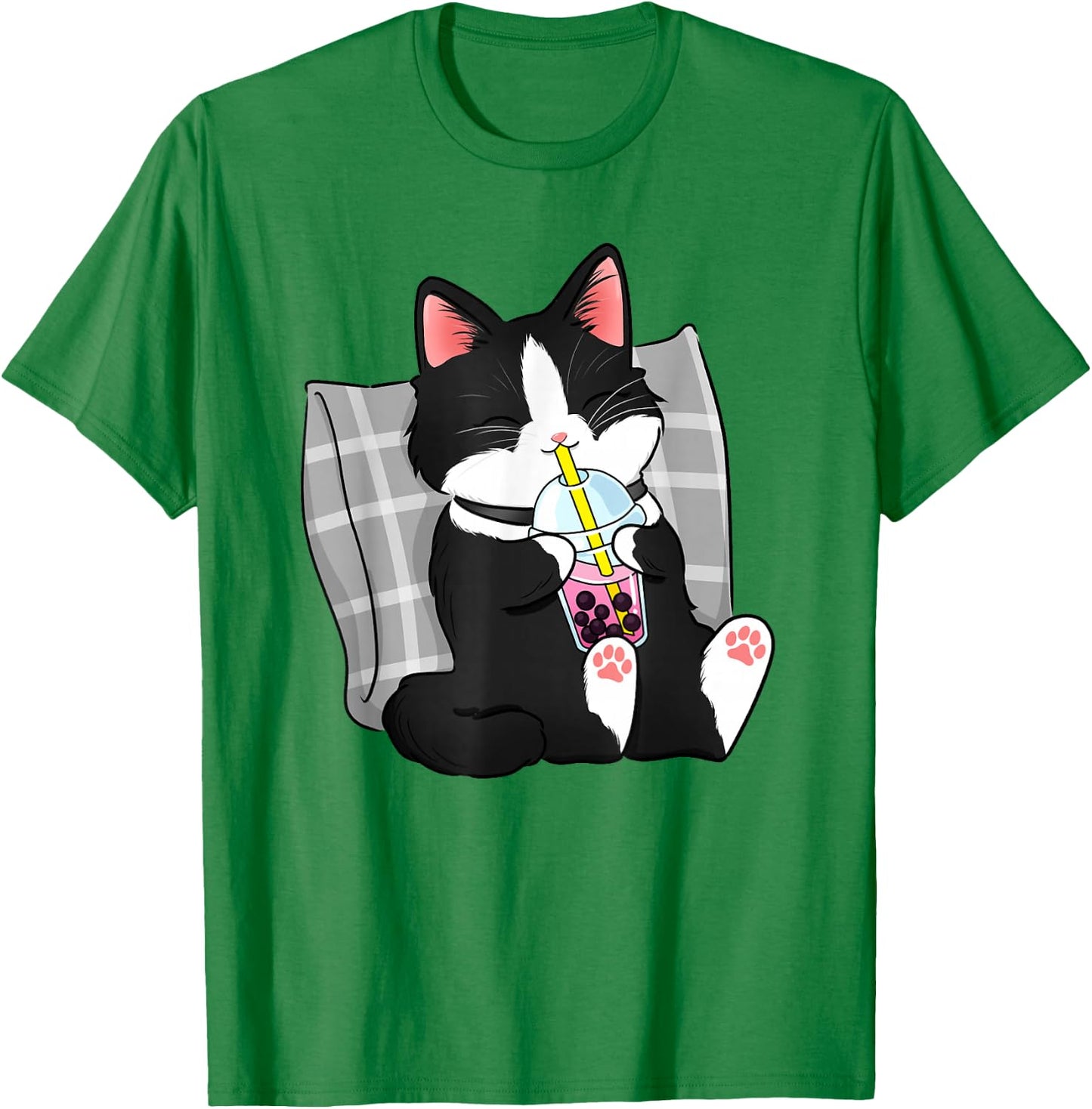 Tuxedo Cat Illustration Drinking Boba Milk Tea Design T-Shirt - T-Shirt | Irish Green