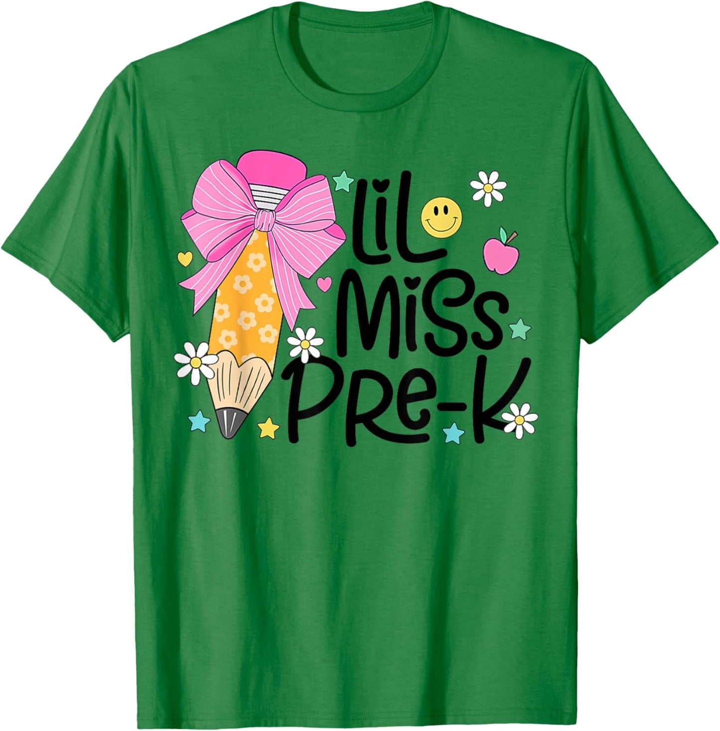 Little Miss Pre-K Kids Girls Pencil Bow First Day Of School T-Shirt - T-Shirt | Irish Green
