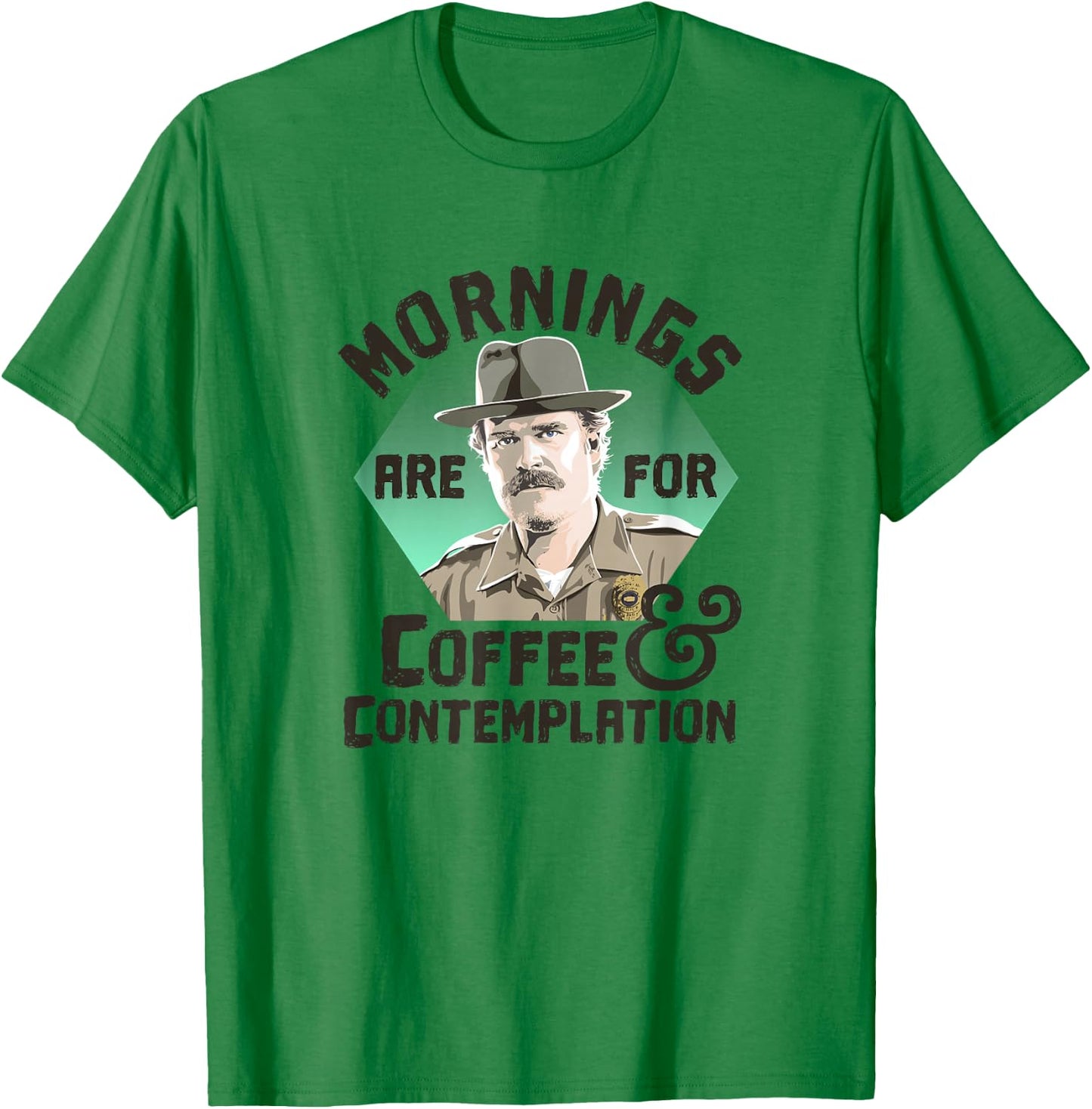 Stranger Things Hopper Mornings Are For Coffee Contemplation T-Shirt - T-Shirt | Irish Green