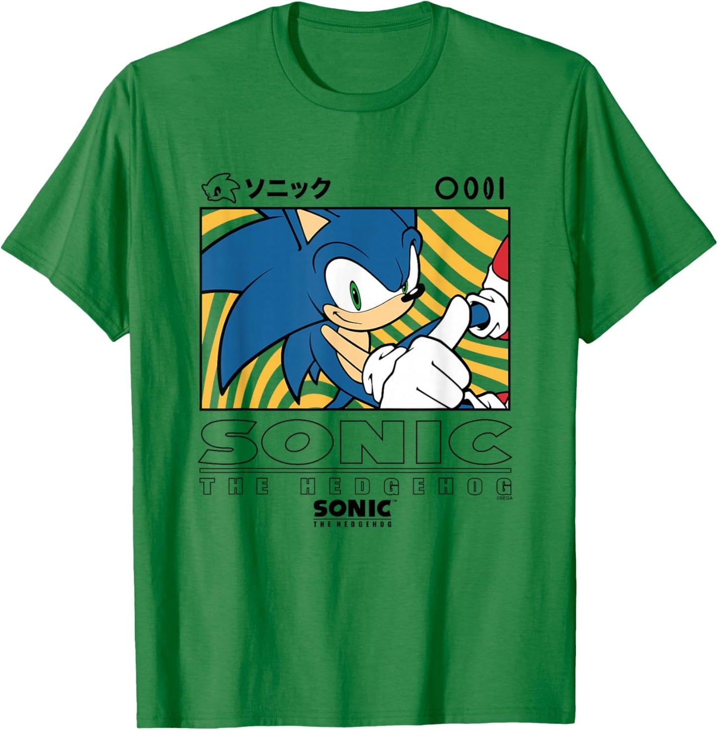 Sonic The Hedgehog Wavy Background Kanji Portrait T-Shirt - T-Shirt | Irish Green
