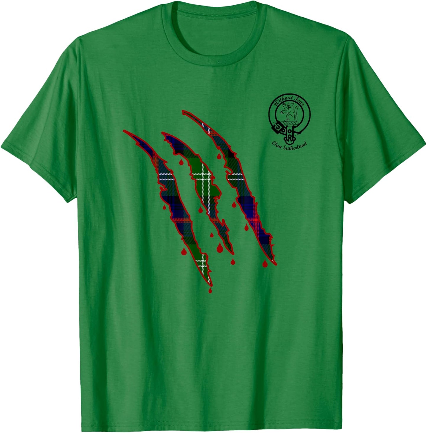 Clan Sutherland Claw Marks Surname Tartan Crest T-Shirt - T-Shirt | Irish Green