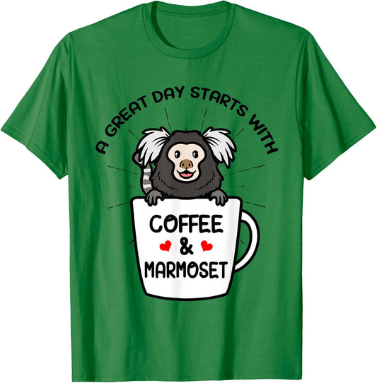 A Great Day Starts With Coffee & Marmoset Monkey T-Shirt - T-Shirt | Irish Green