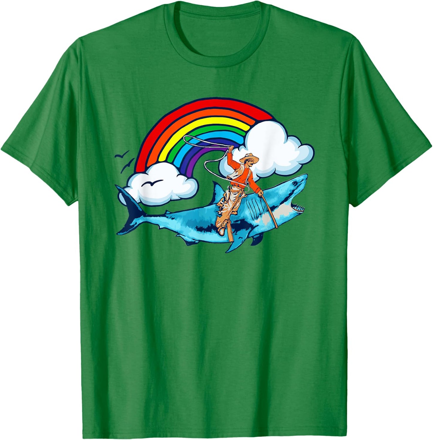 Shark Lover Rodeo Cowboy Riding Great White Rainbow Funny T-Shirt - T-Shirt | Irish Green