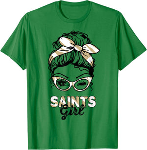 Saints Girl Messy Bun T-Shirt - T-Shirt | Irish Green