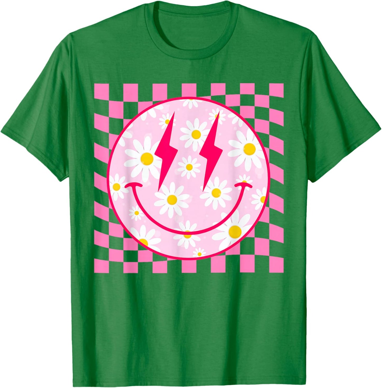 Retro Happy Smile Face Pink Daisy Flower Checkered Pattern T-Shirt - T-Shirt | Irish Green