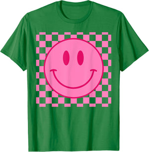 Retro Happy Face Shirt Checkered Pattern Smile Face Trendy T-Shirt - T-Shirt | Irish Green