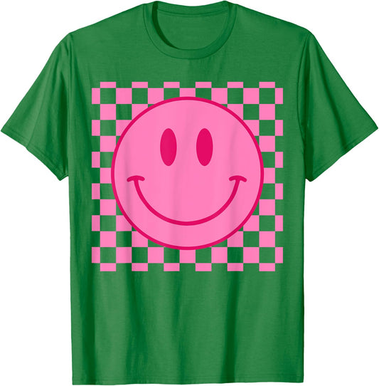 Retro Happy Face Shirt Checkered Pattern Smile Face Trendy T-Shirt - T-Shirt | Irish Green