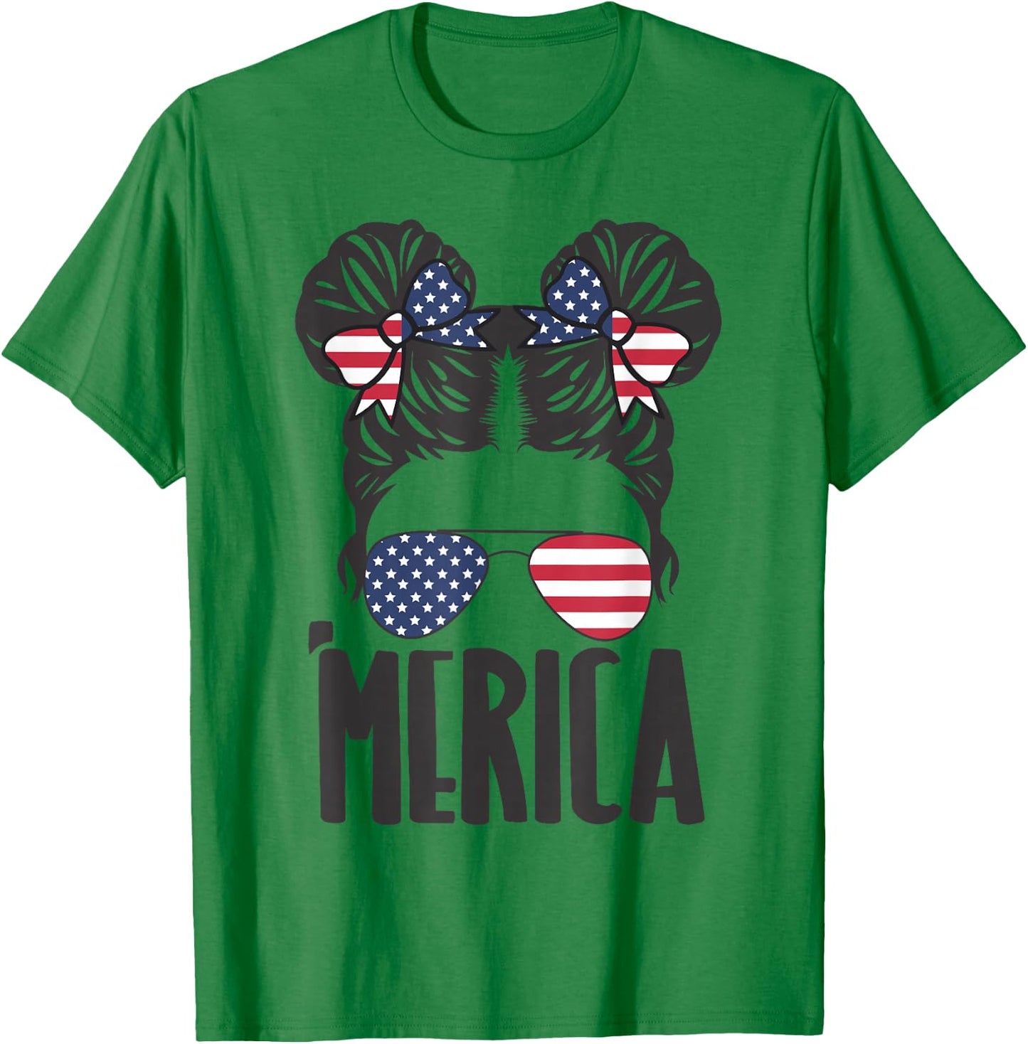 Messy Bun Merica Sunglasses Women Girls USA Flag 4th of July T-Shirt - T-Shirt | Irish Green