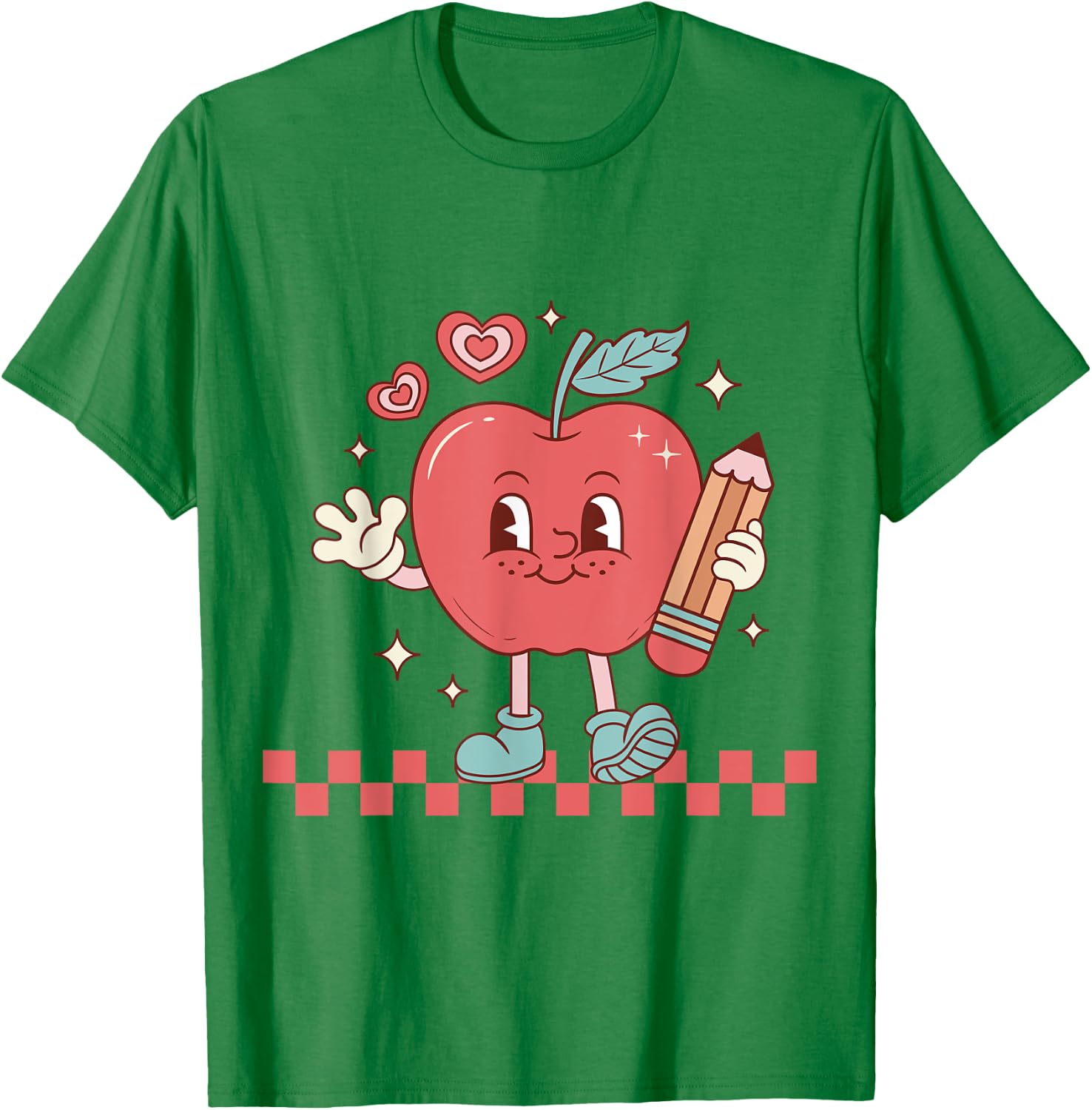 Cute Retro Checkered Apple with Face Teacher Pencil Trendy T-Shirt - T-Shirt | Irish Green