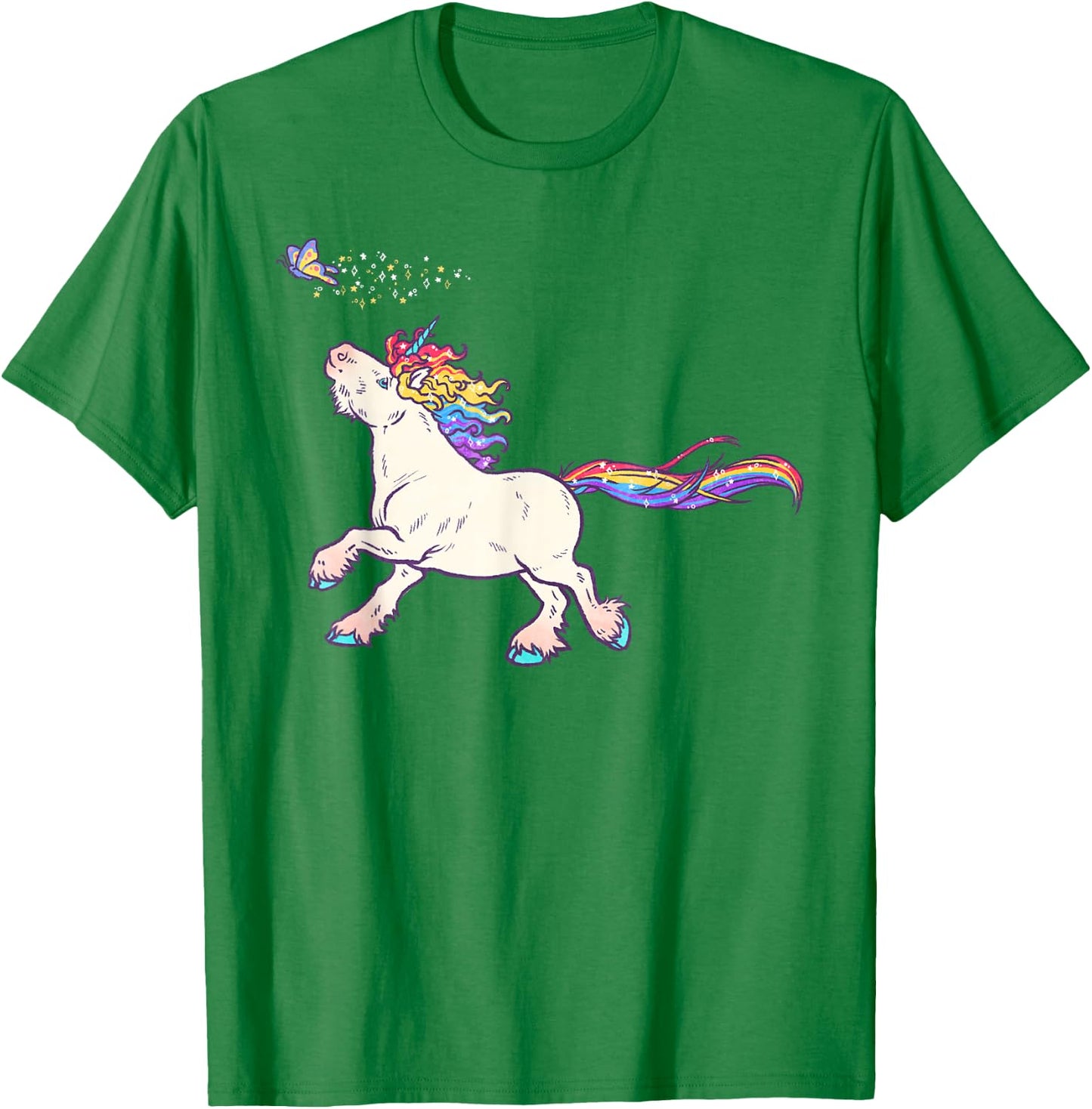 Cute Rainbow Unicorn Chasing Butterfly T-Shirt - T-Shirt | Irish Green