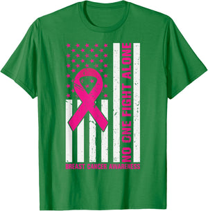 USA Flag Pink Ribbon No One Fights Breast Cancer Alone Women T-Shirt - T-Shirt | Irish Green