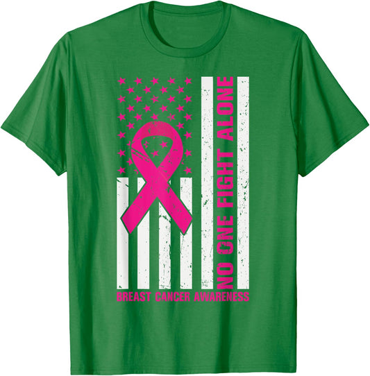 USA Flag Pink Ribbon No One Fights Breast Cancer Alone Women T-Shirt - T-Shirt | Irish Green