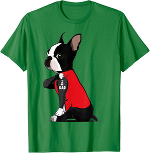 Boston Terrier I Love Dad Tattoo Shirt Funny Boston Terrier T-Shirt - T-Shirt | Irish Green