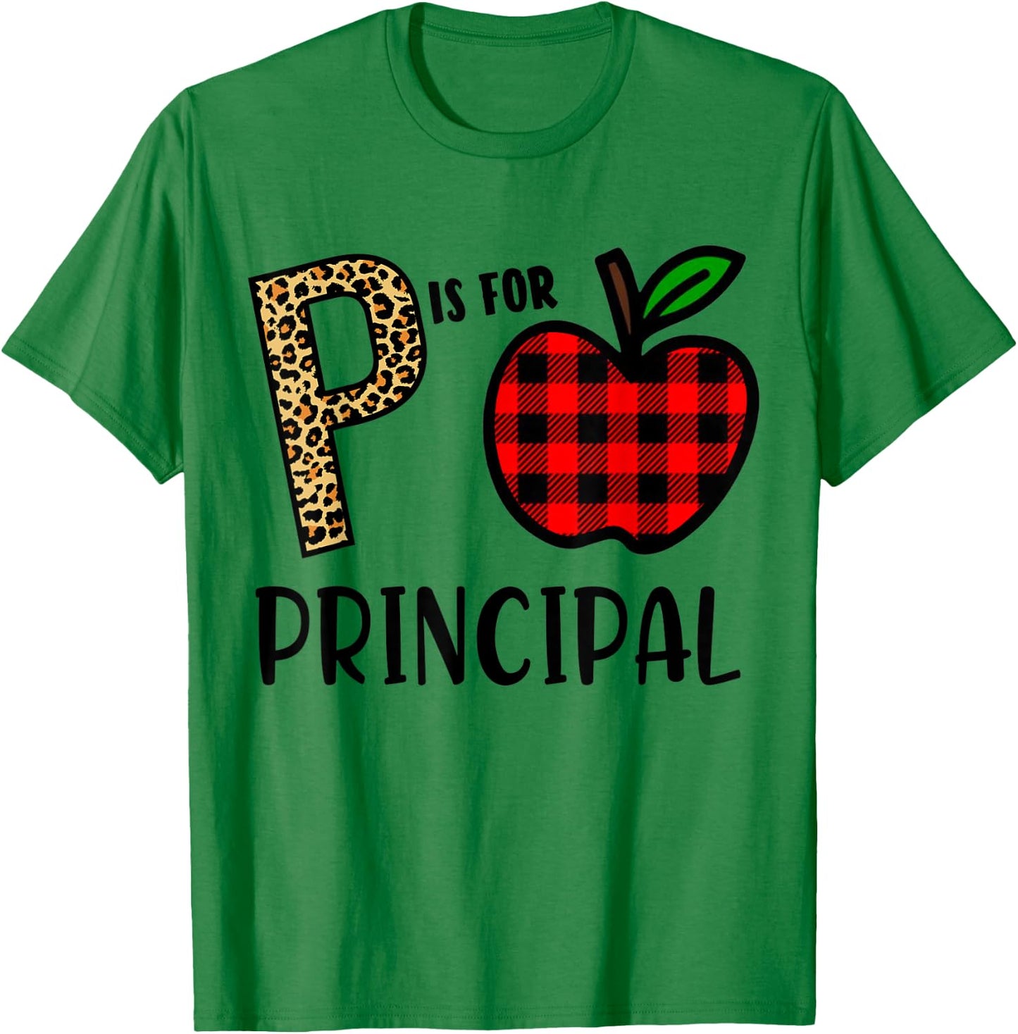 P is for Principal Leopard Buffalo Plaid T-Shirt - T-Shirt | Irish Green