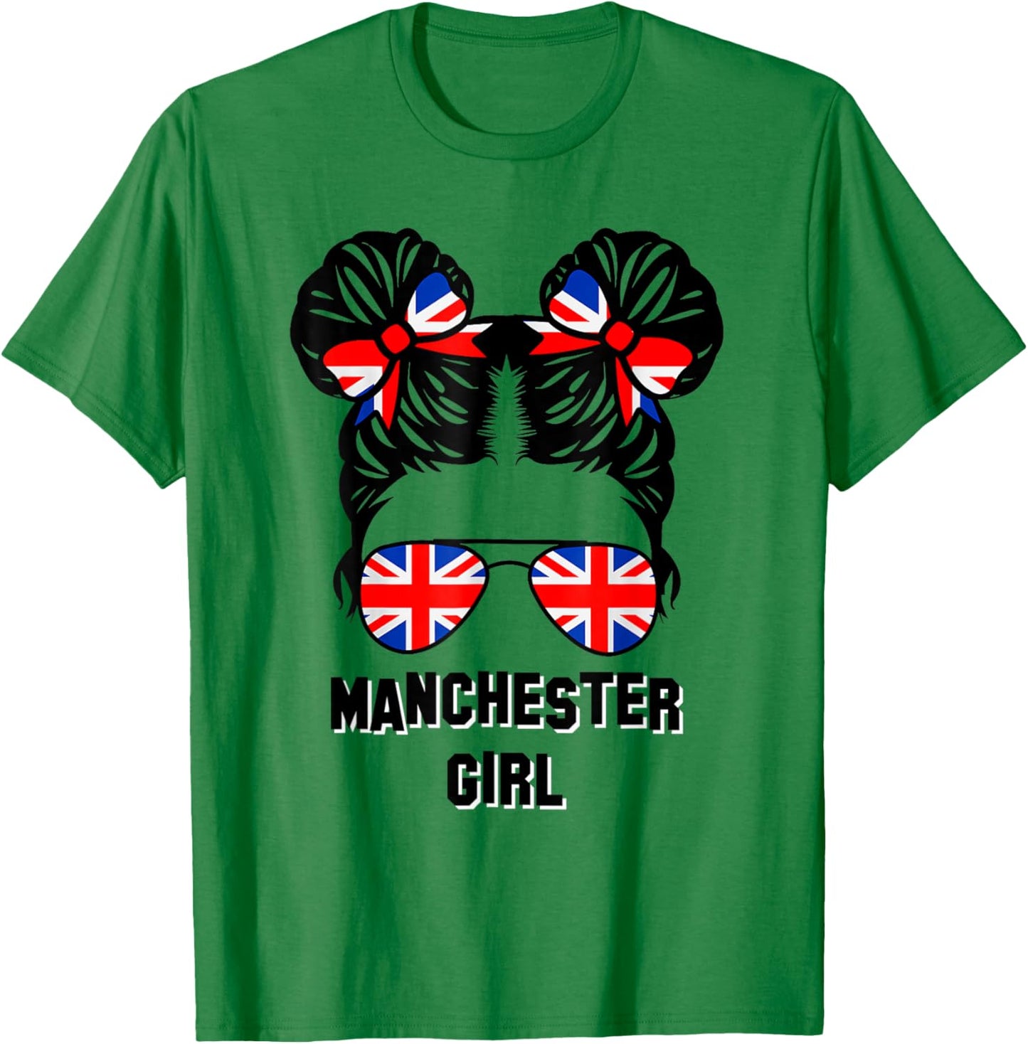 Manchester Girl Messy Bun, UK British United Kingdom Flag T-Shirt - T-Shirt | Irish Green