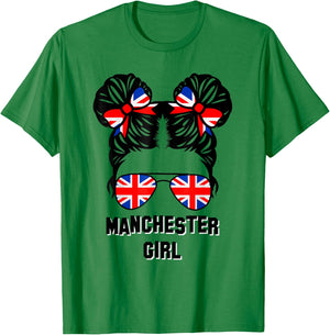 Manchester Girl Messy Bun, UK British United Kingdom Flag T-Shirt - T-Shirt | Irish Green