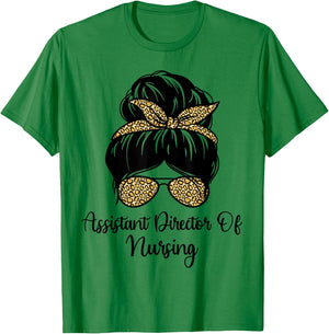 Assistant Director Of Nursing Messy Bun Leopard ADON Nurse T-Shirt - T-Shirt | Irish Green